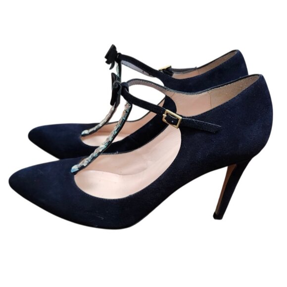Kate Spade Navy Suede T-Strap Pumps Bow Crystal Accent Pointed Toe Heels 7BItaly - Picture 7 of 15